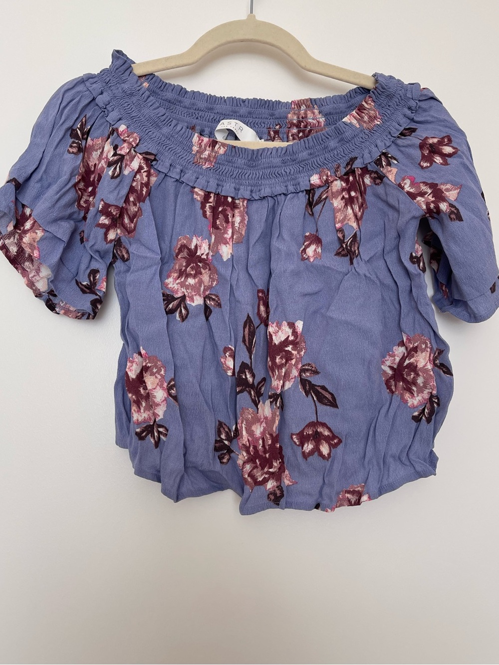 Astr Lavender Floral Off-Shoulder Crop Top, Size S